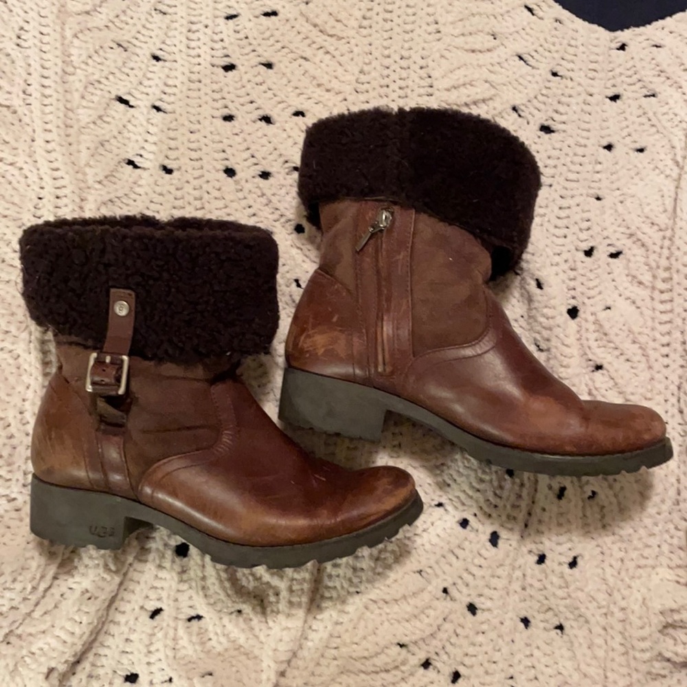 UGG Brown Leather Shearling-Cuff Winter Boots